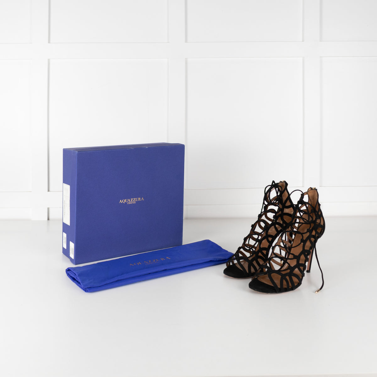 Aquazzura Black Suede Lace Up Heeled Sandals