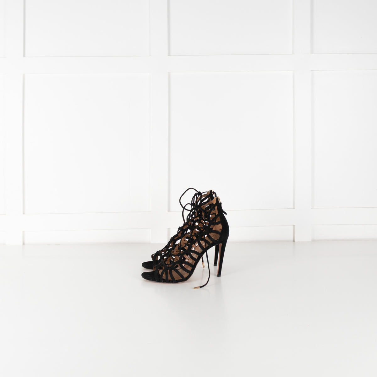 Aquazzura Black Suede Lace Up Heeled Sandals