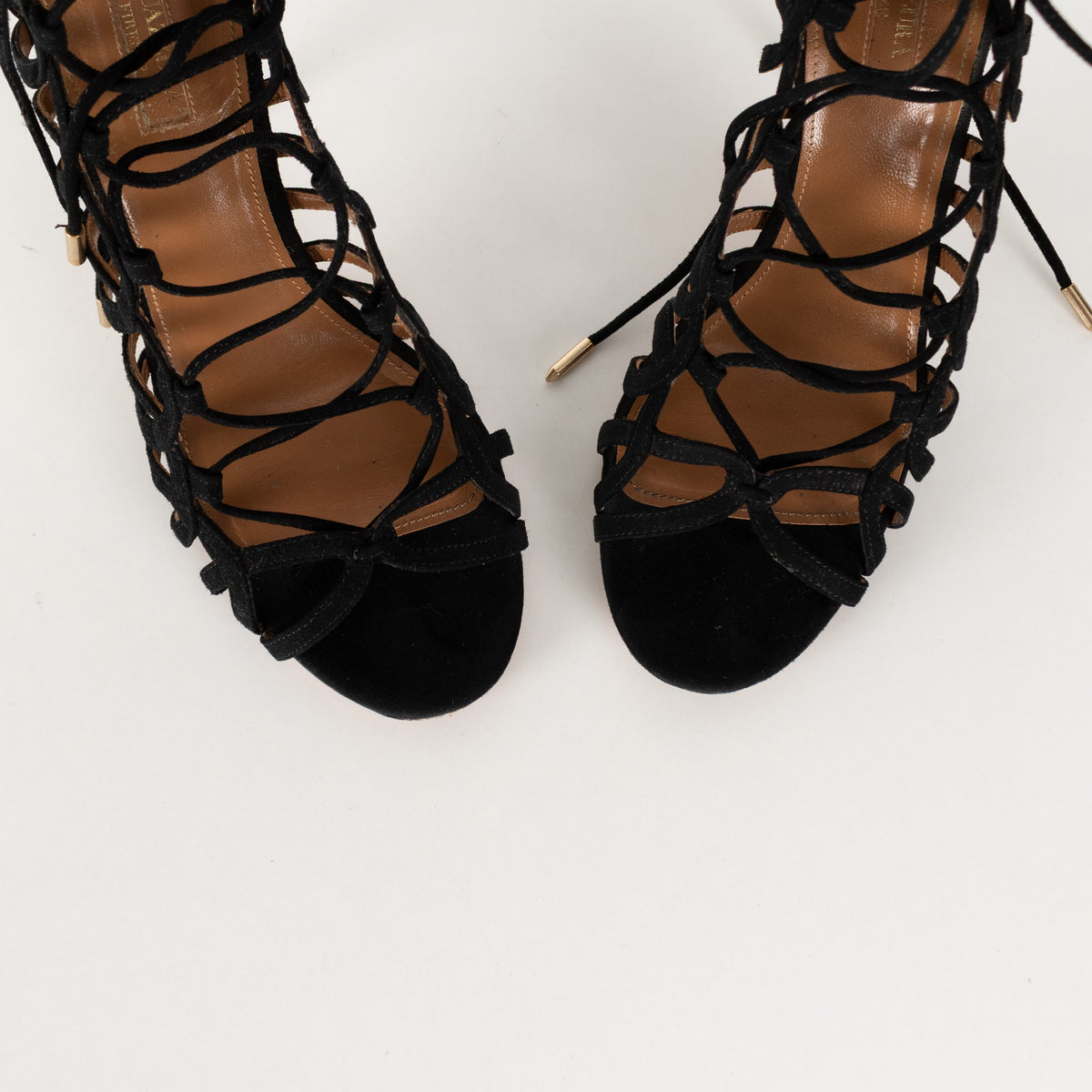Aquazzura Black Suede Lace Up Heeled Sandals