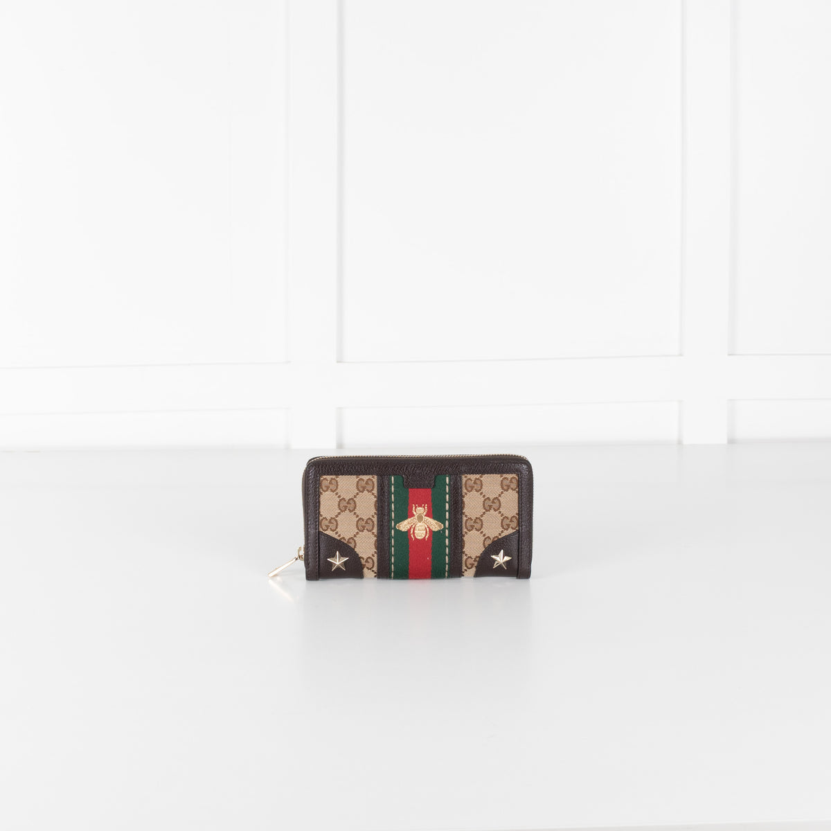 Gucci Brown Leather GG Canvas Bee Continental Wallet