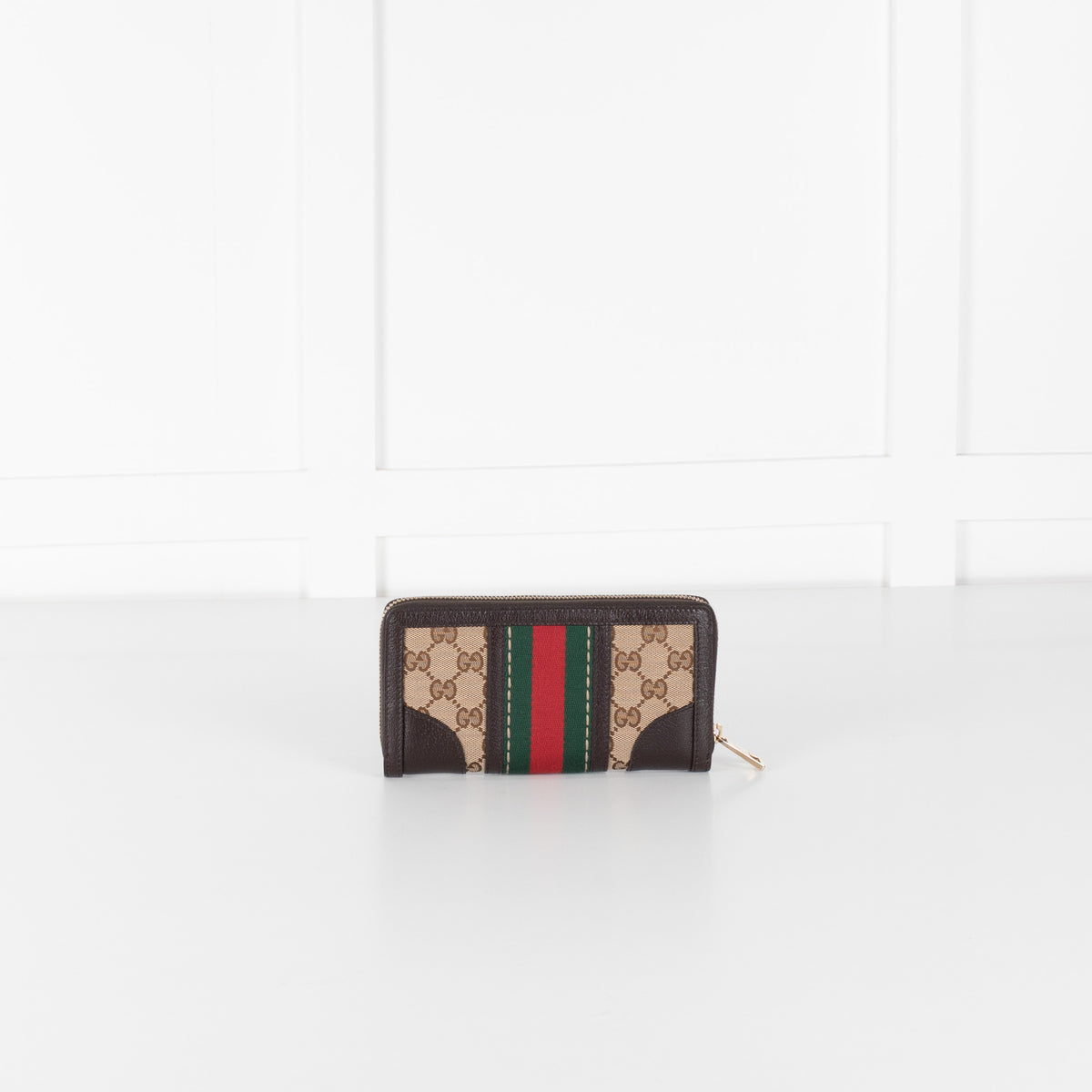 Gucci Brown Leather GG Canvas Bee Continental Wallet