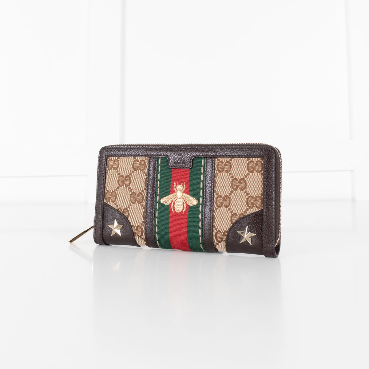 Gucci Brown Leather GG Canvas Bee Continental Wallet