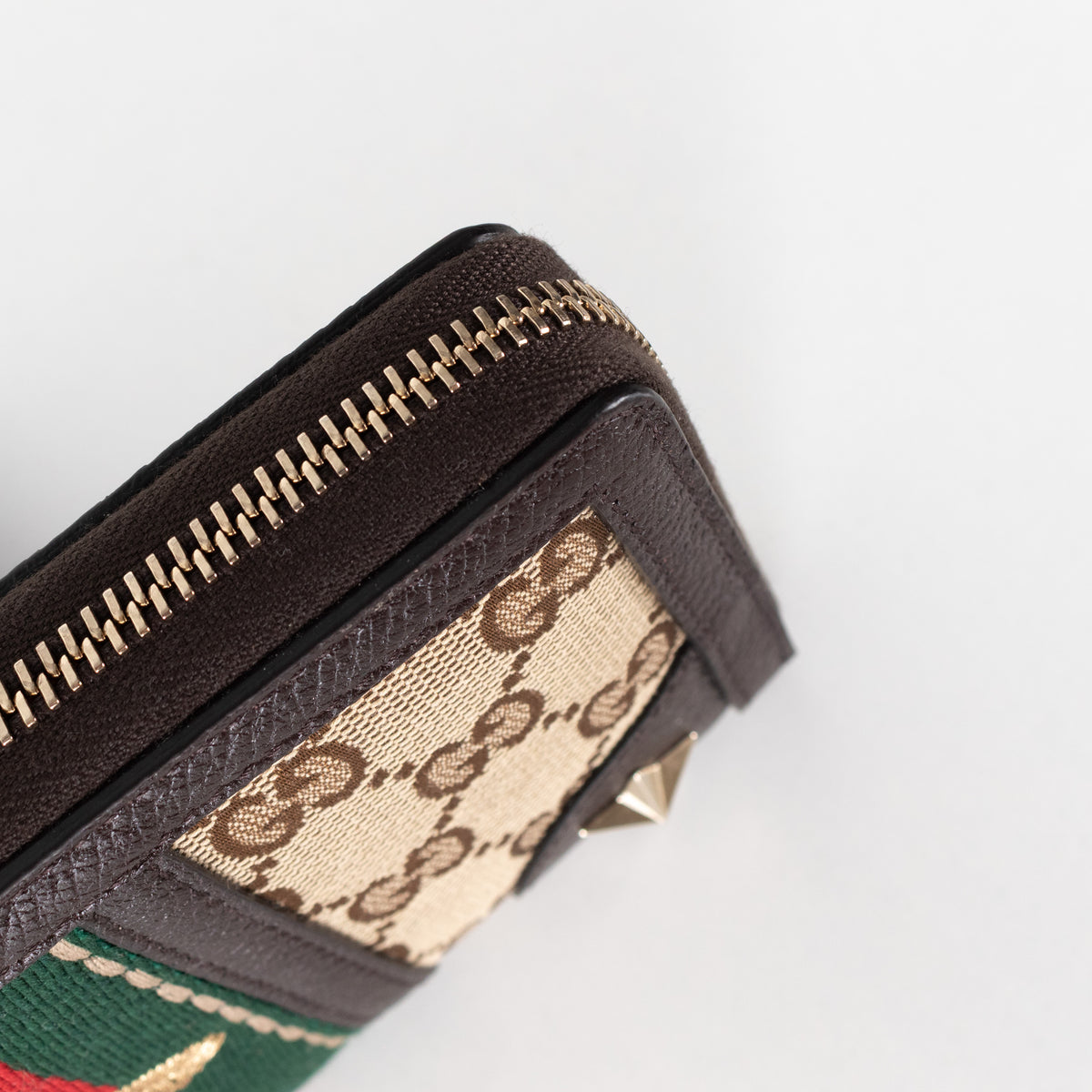 Gucci Brown Leather GG Canvas Bee Continental Wallet