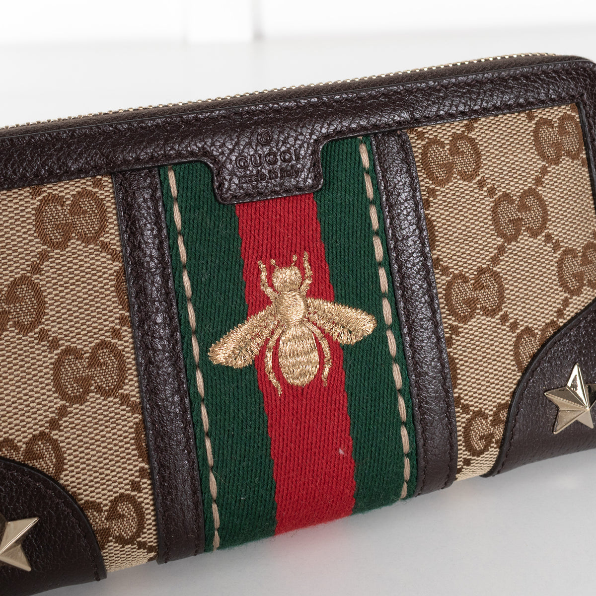 Gucci Brown Leather GG Canvas Bee Continental Wallet