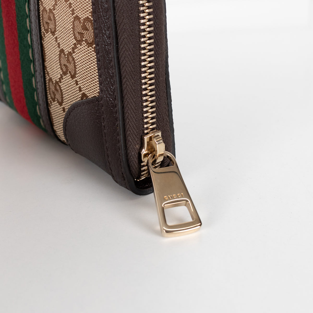 Gucci Brown Leather GG Canvas Bee Continental Wallet
