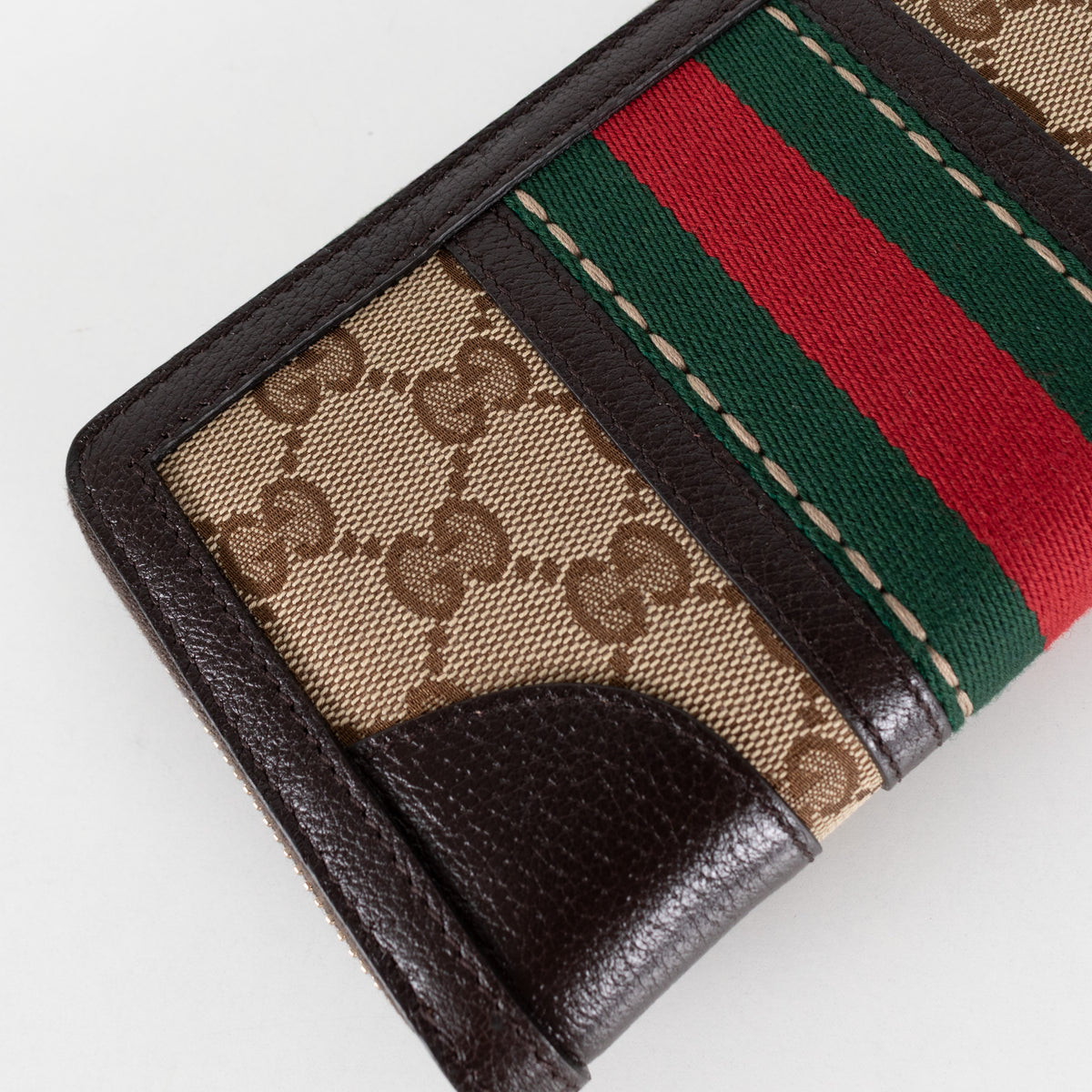 Gucci Brown Leather GG Canvas Bee Continental Wallet