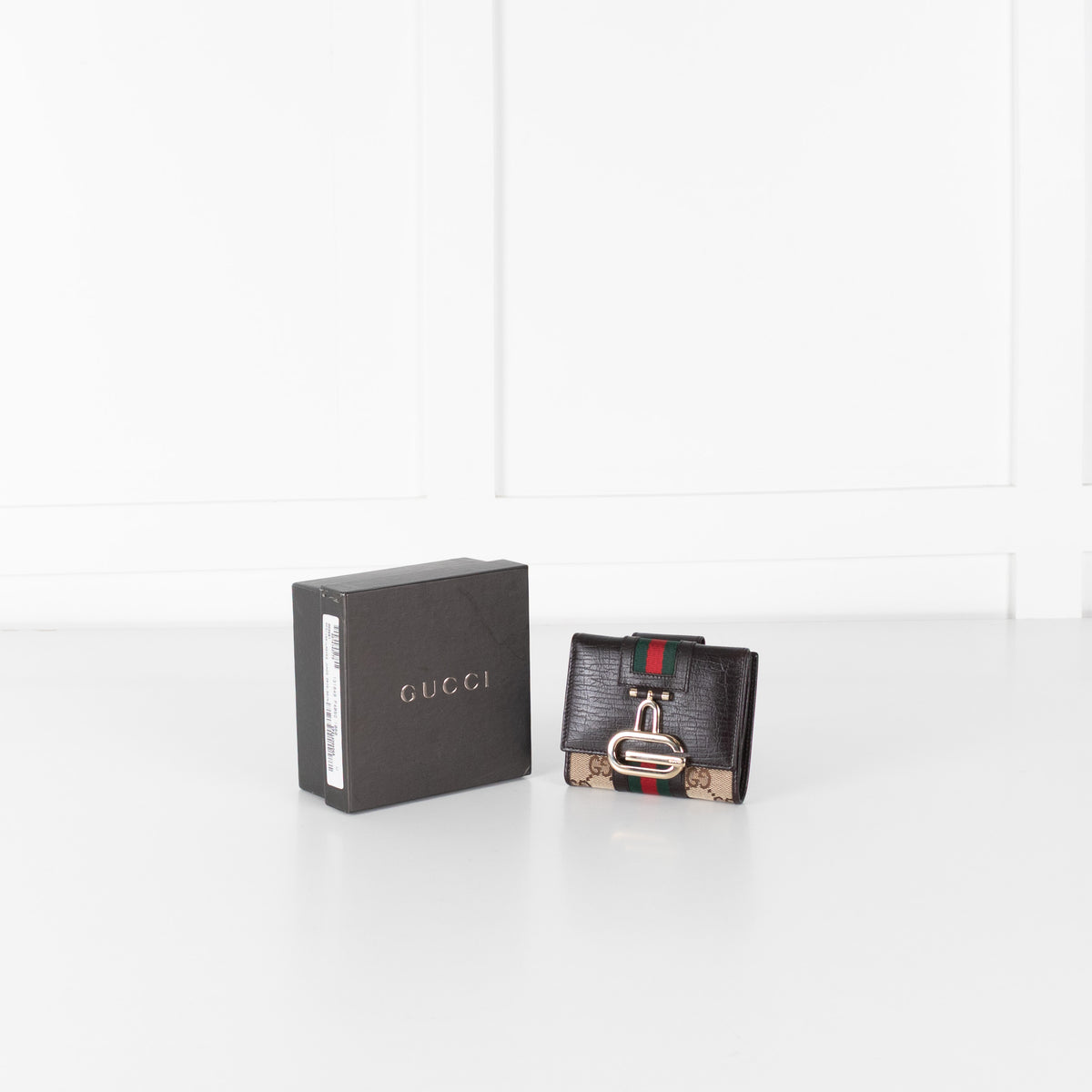 Gucci  Dark Brown Leather GG Canvas Tri-Fold Wallet