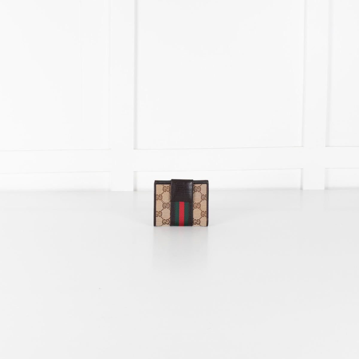 Gucci  Dark Brown Leather GG Canvas Tri-Fold Wallet