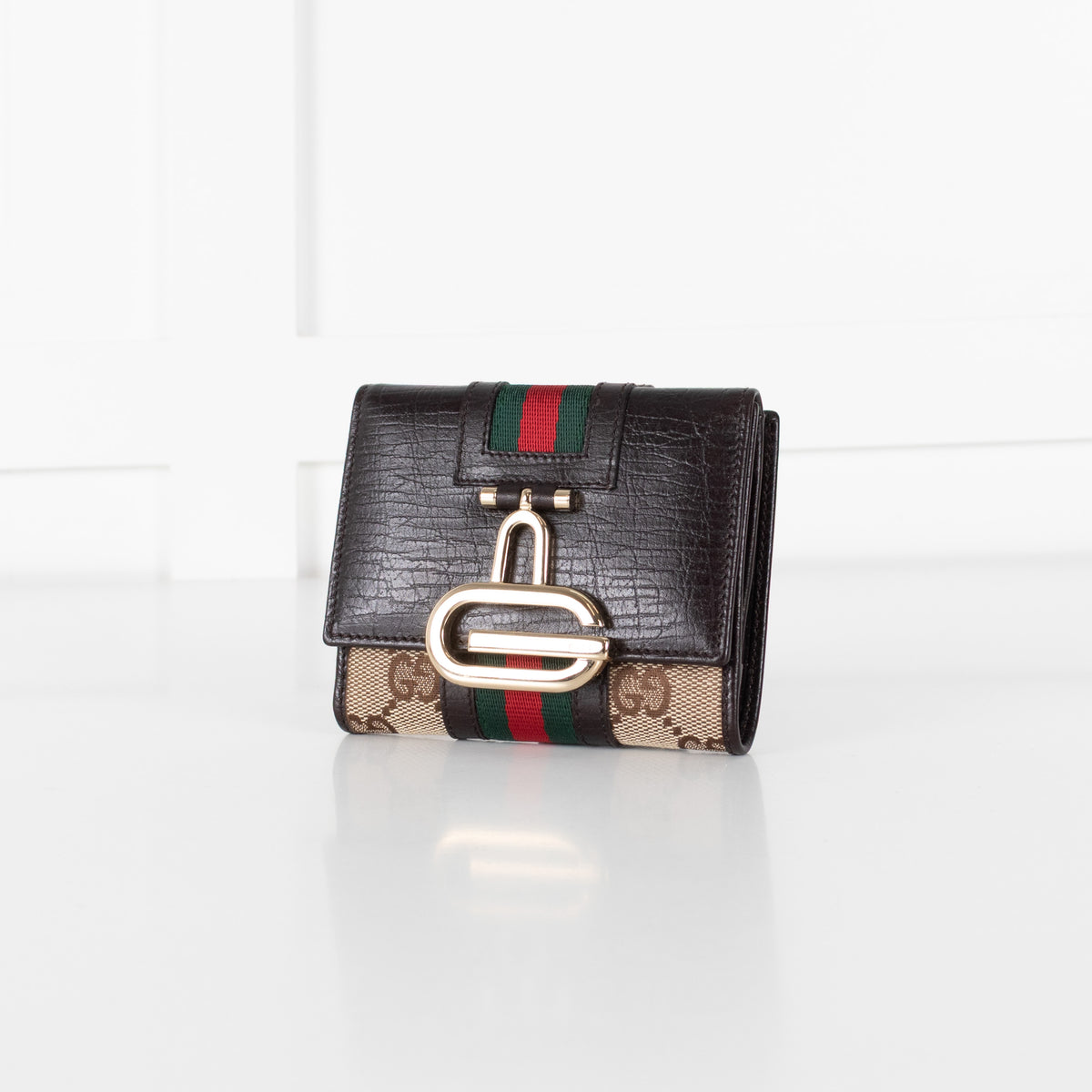 Gucci  Dark Brown Leather GG Canvas Tri-Fold Wallet