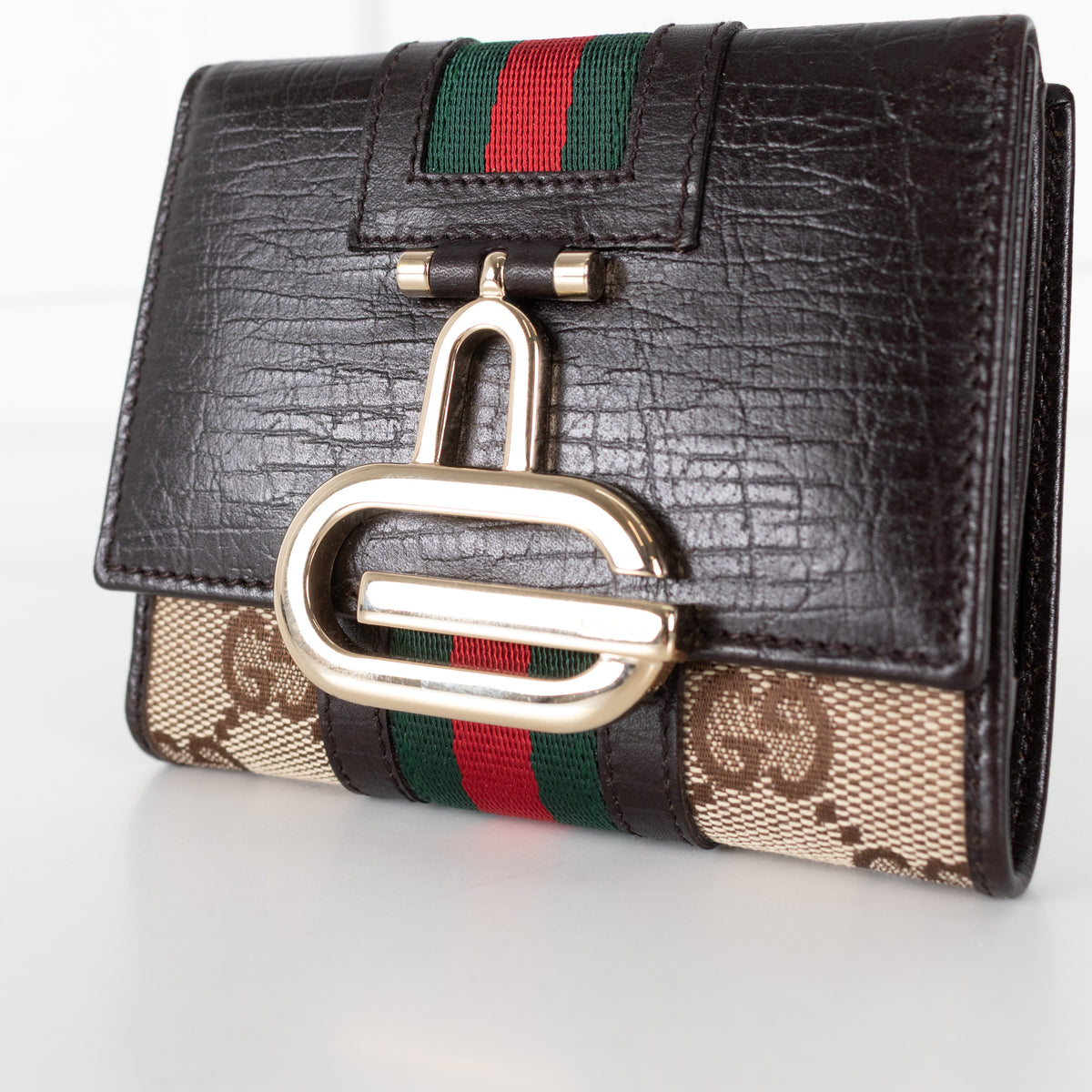 Gucci  Dark Brown Leather GG Canvas Tri-Fold Wallet