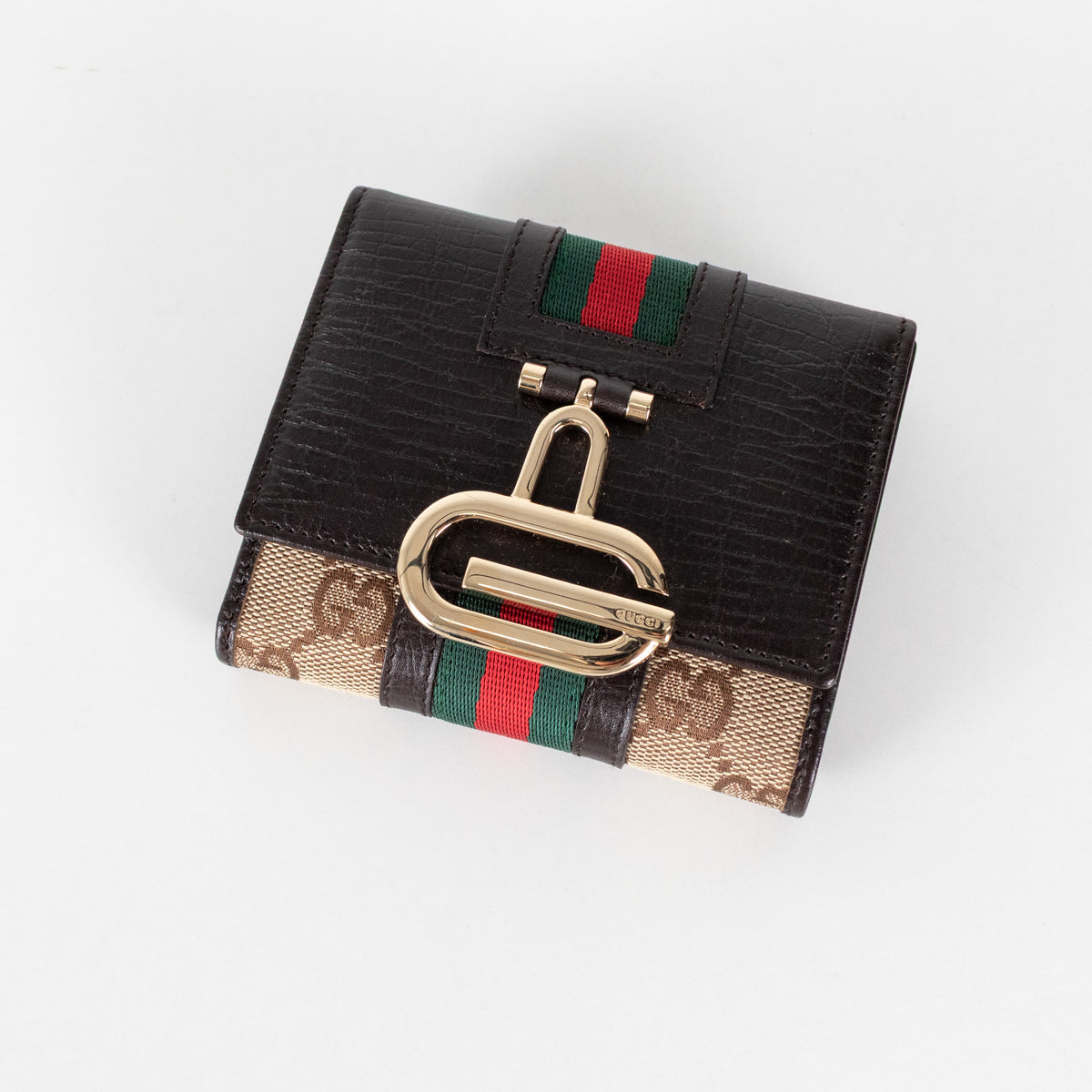 Gucci  Dark Brown Leather GG Canvas Tri-Fold Wallet