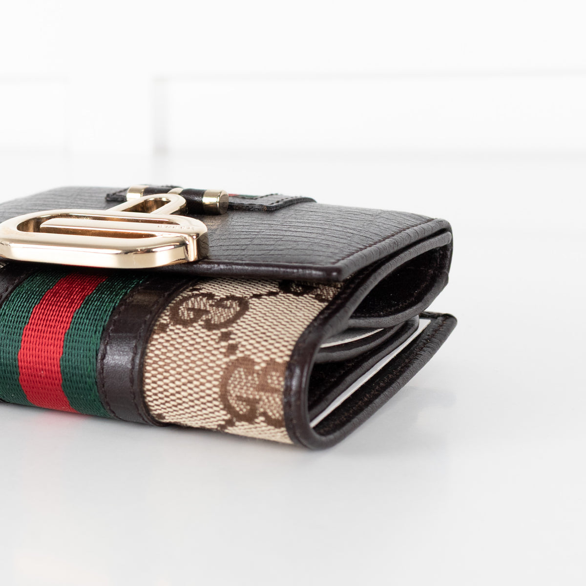 Gucci  Dark Brown Leather GG Canvas Tri-Fold Wallet