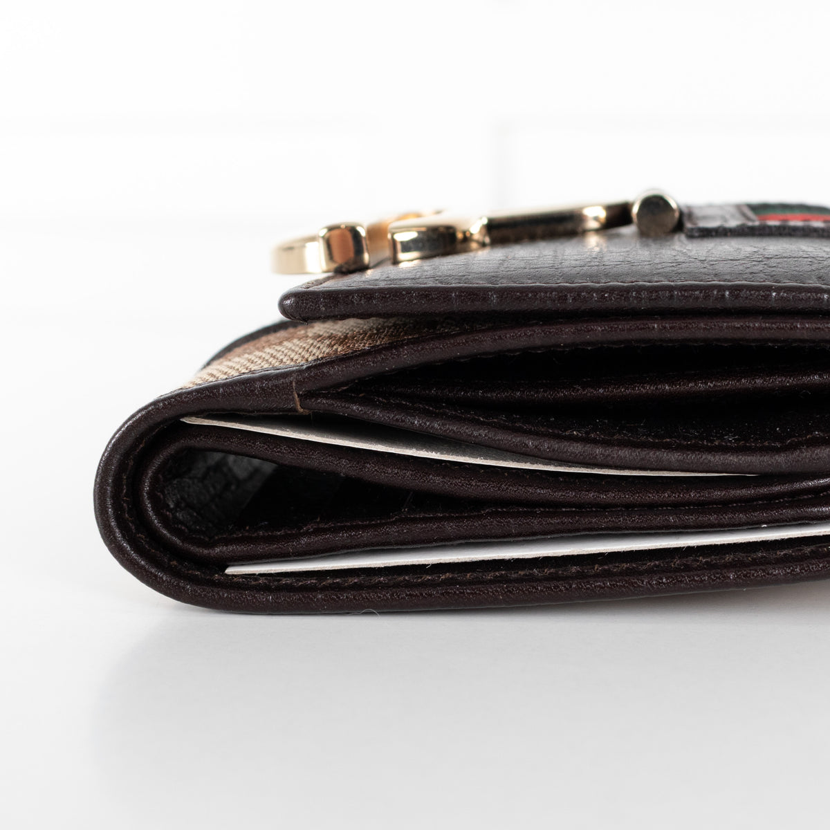 Gucci  Dark Brown Leather GG Canvas Tri-Fold Wallet