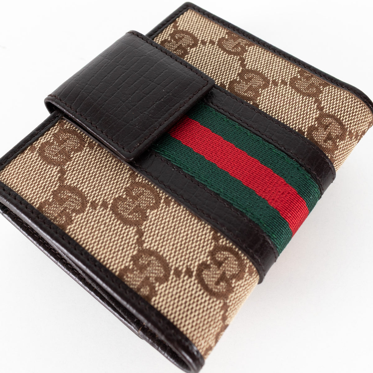 Gucci  Dark Brown Leather GG Canvas Tri-Fold Wallet
