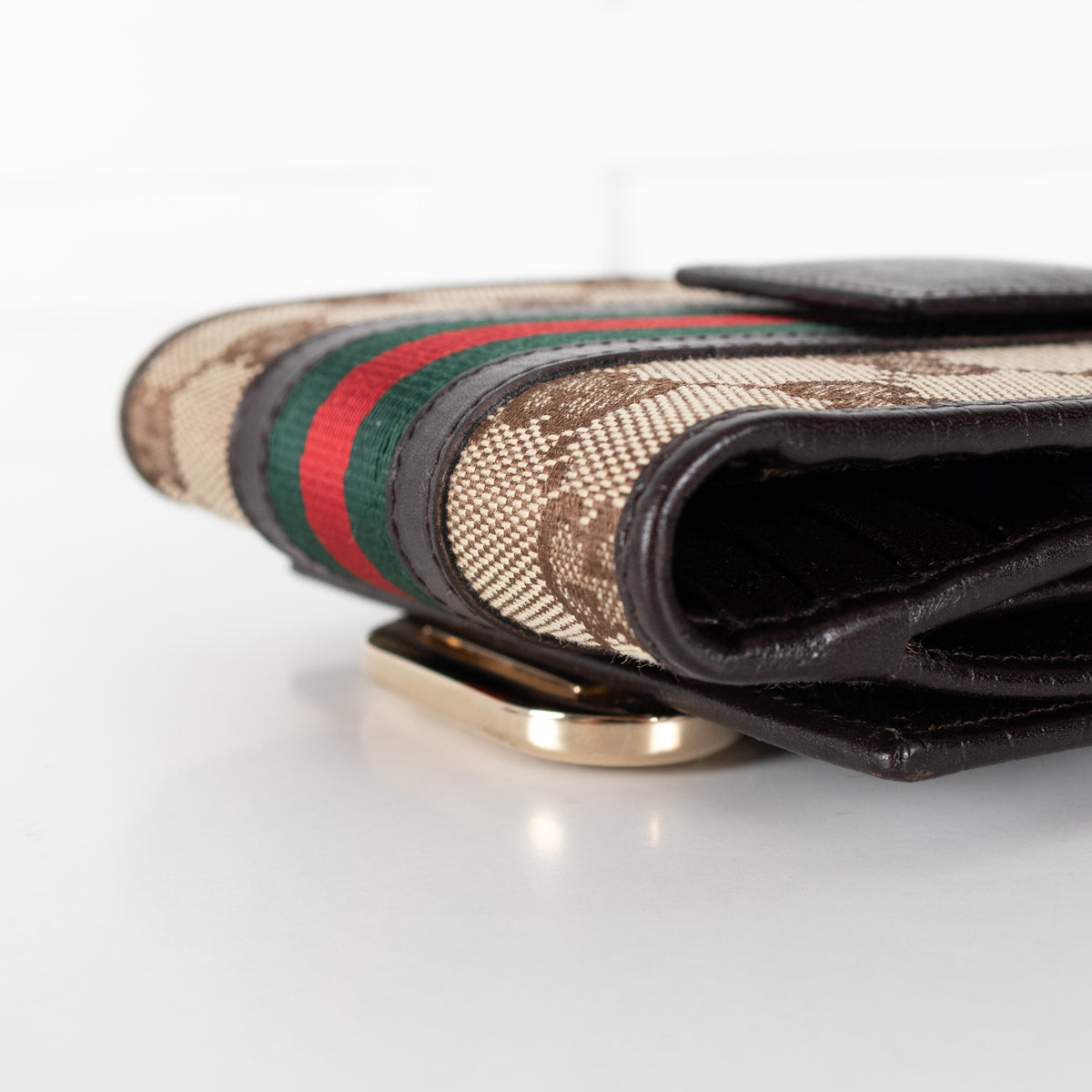 Gucci  Dark Brown Leather GG Canvas Tri-Fold Wallet