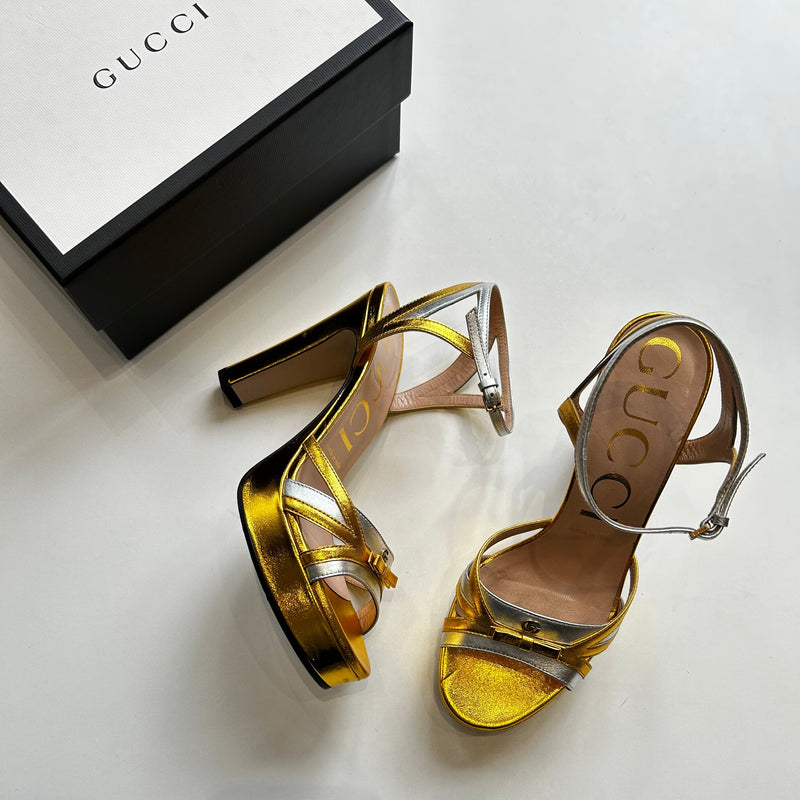 Gucci Gold and Silver Strappy Platform Heels with Ankle Straps