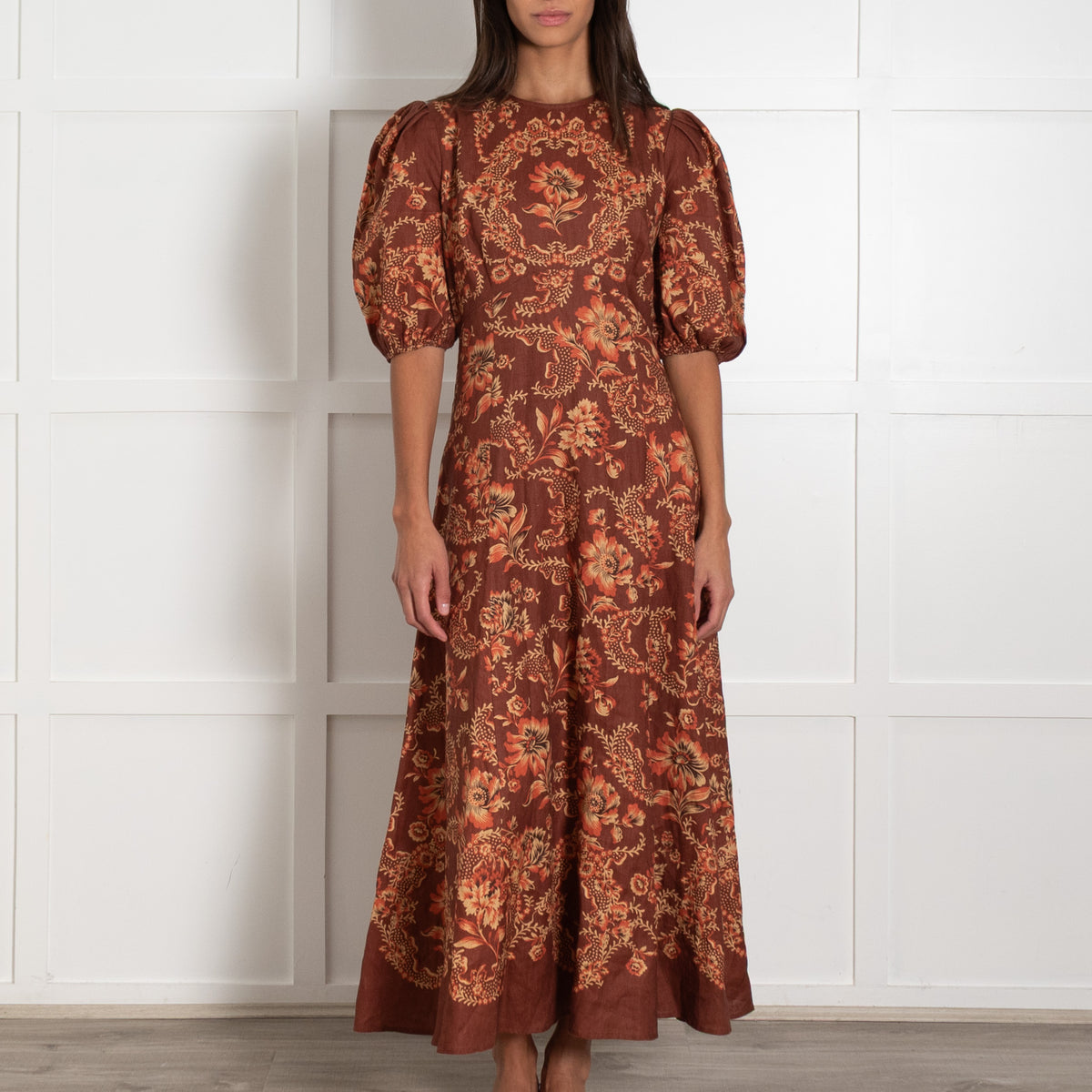 Alemais Seraphina Brown Floral Print Linen Midi Dress