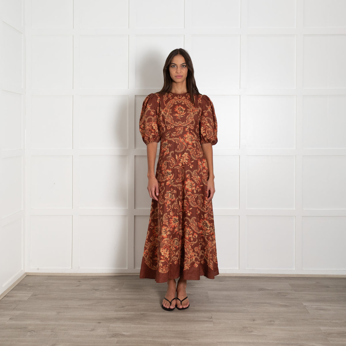Alemais Seraphina Brown Floral Print Linen Midi Dress