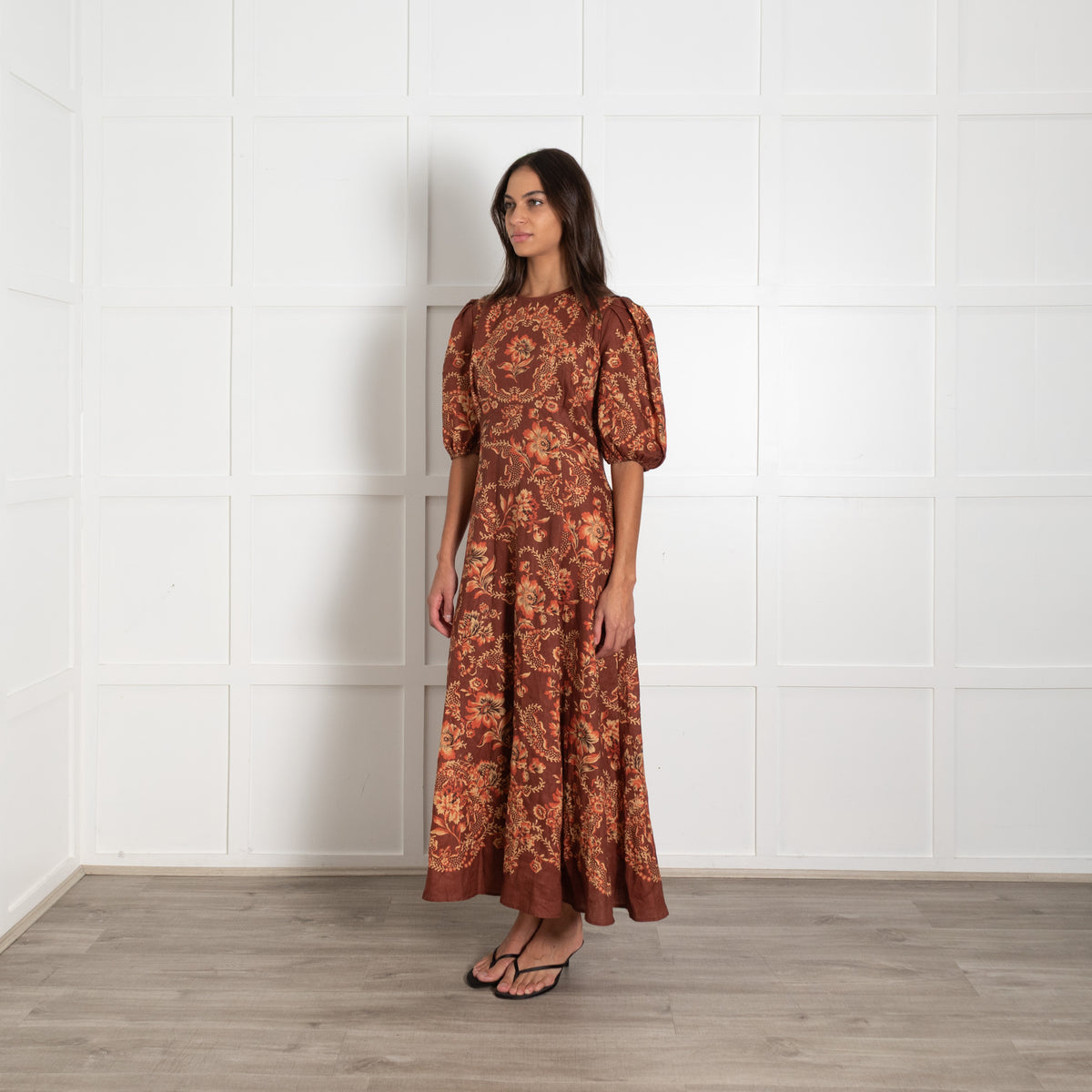 Alemais Seraphina Brown Floral Print Linen Midi Dress