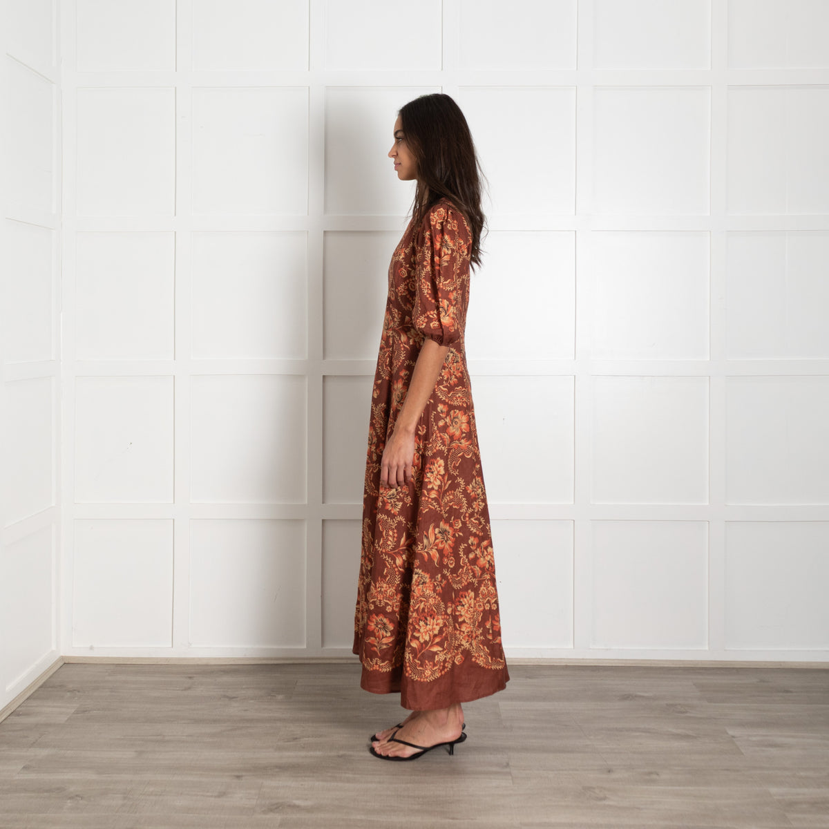 Alemais Seraphina Brown Floral Print Linen Midi Dress