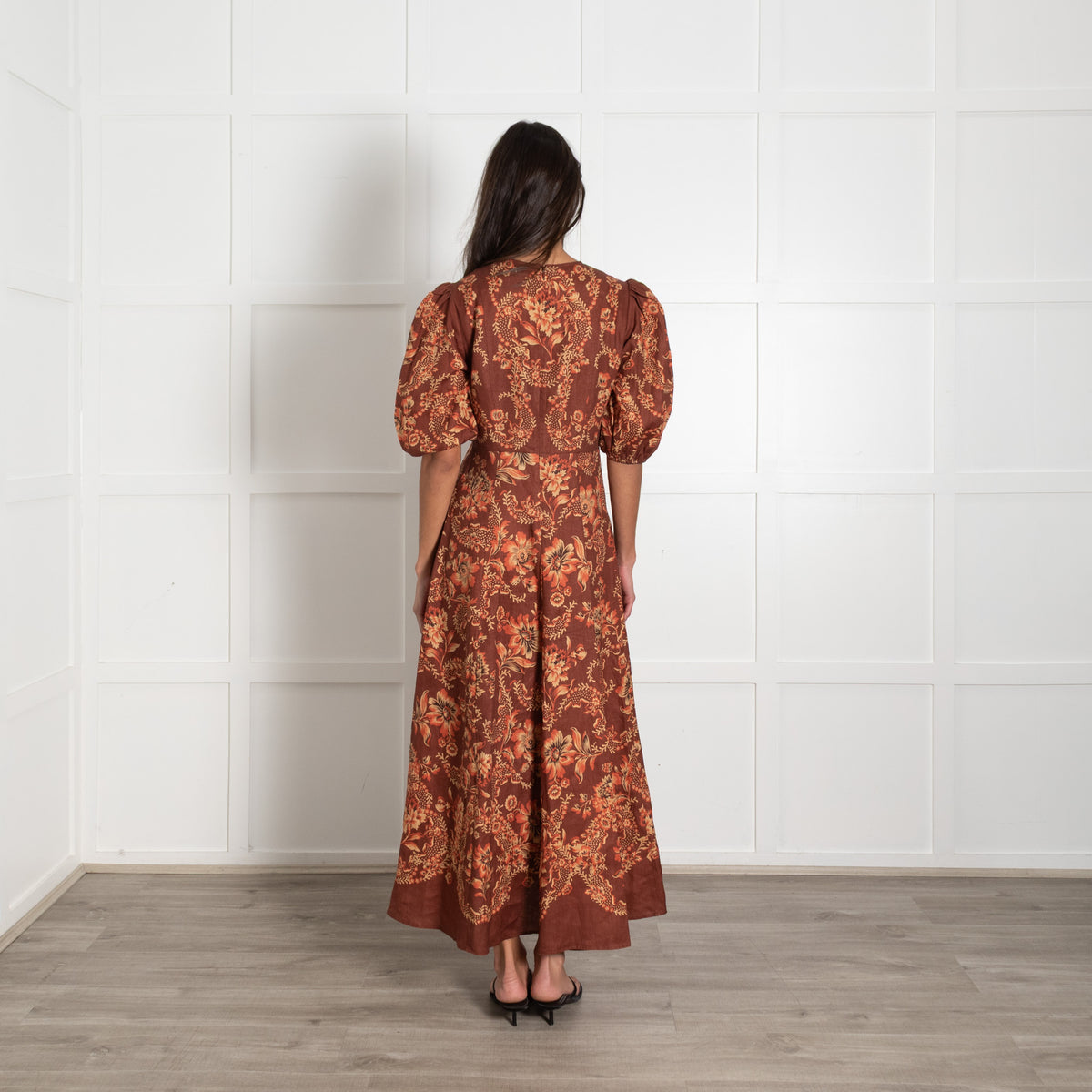 Alemais Seraphina Brown Floral Print Linen Midi Dress