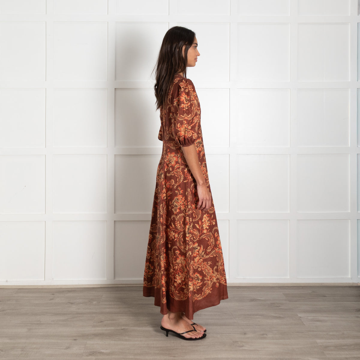 Alemais Seraphina Brown Floral Print Linen Midi Dress