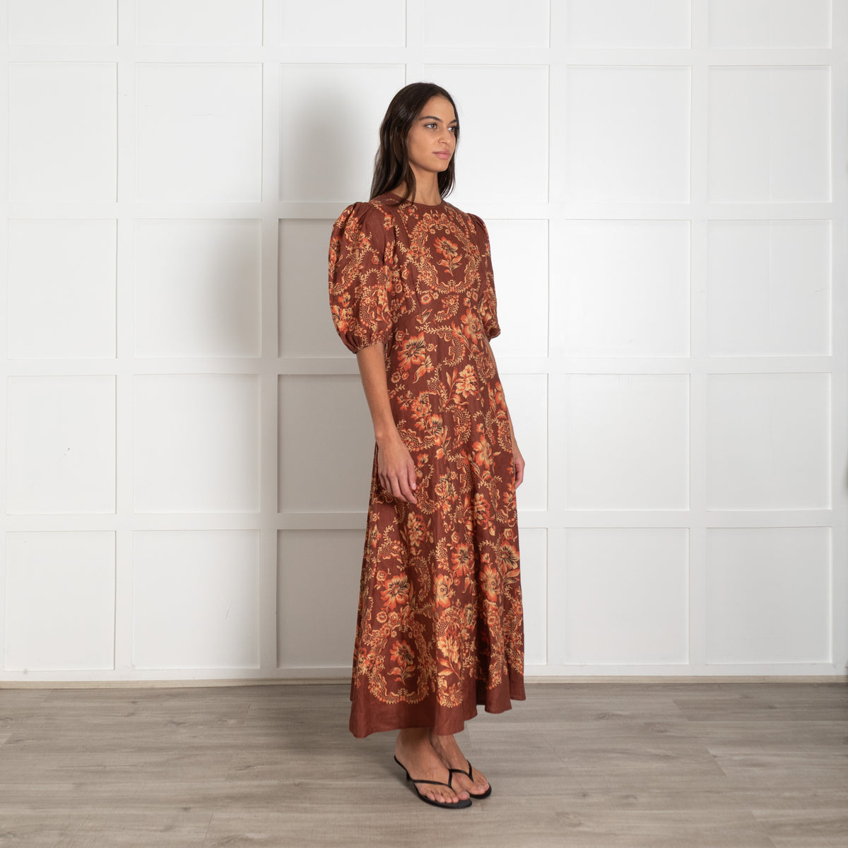 Alemais Seraphina Brown Floral Print Linen Midi Dress