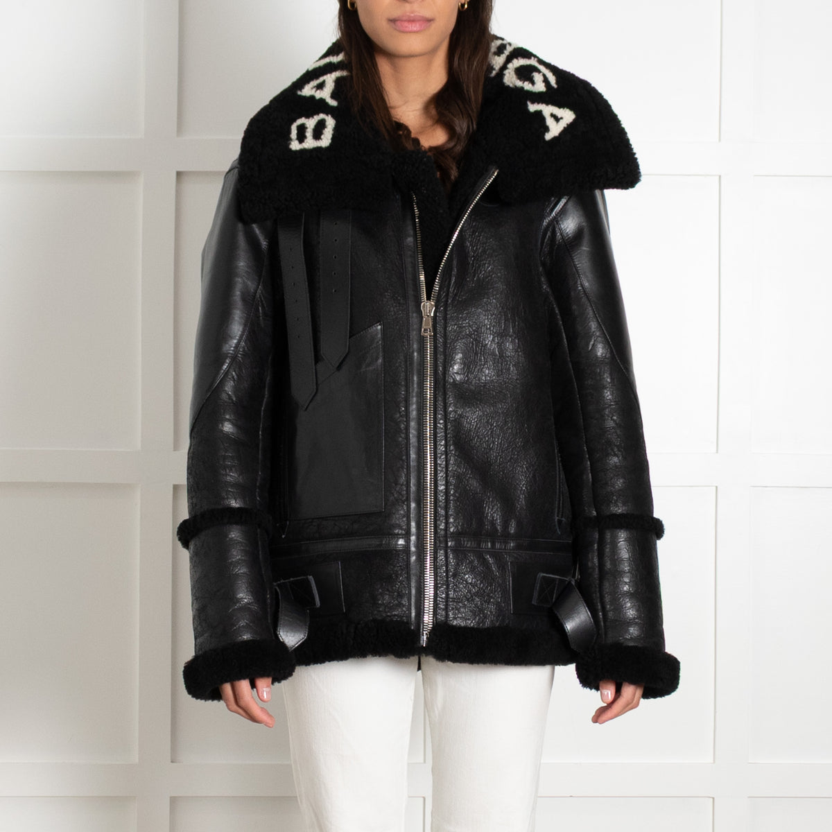 Balenciaga Black L'Bombardier Oversized Shearing Logo Collar Jacket