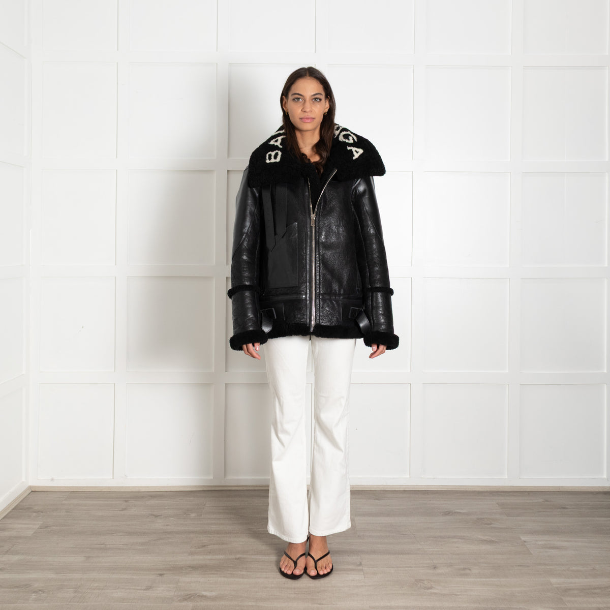 Balenciaga Black L'Bombardier Oversized Shearing Logo Collar Jacket