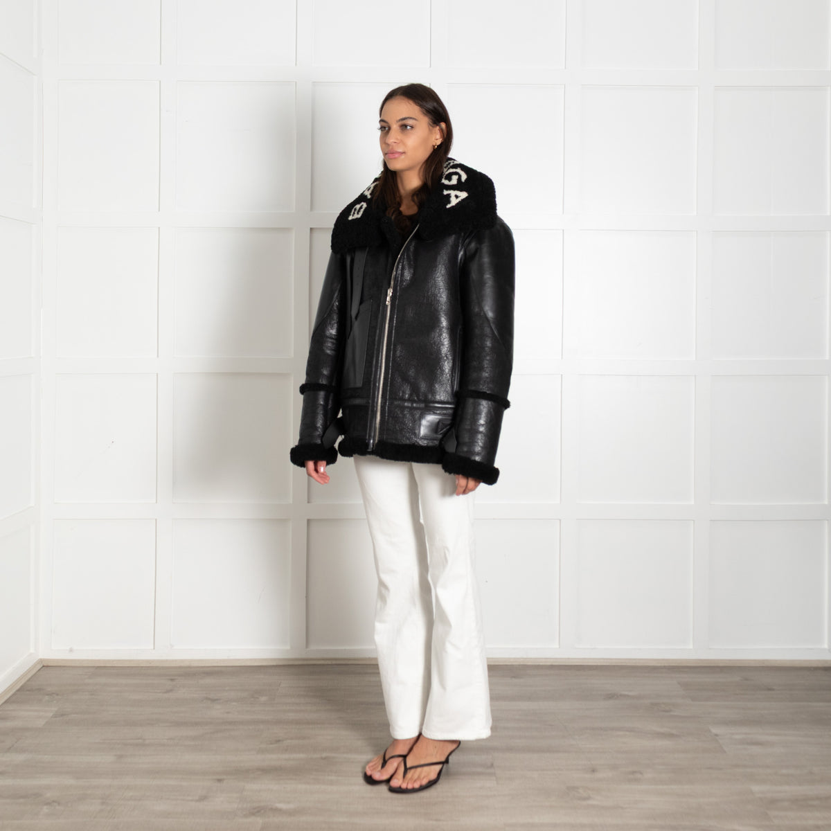 Balenciaga Black L'Bombardier Oversized Shearing Logo Collar Jacket