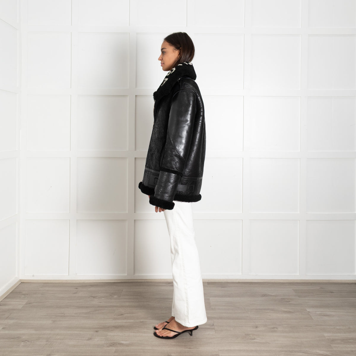 Balenciaga Black L'Bombardier Oversized Shearing Logo Collar Jacket
