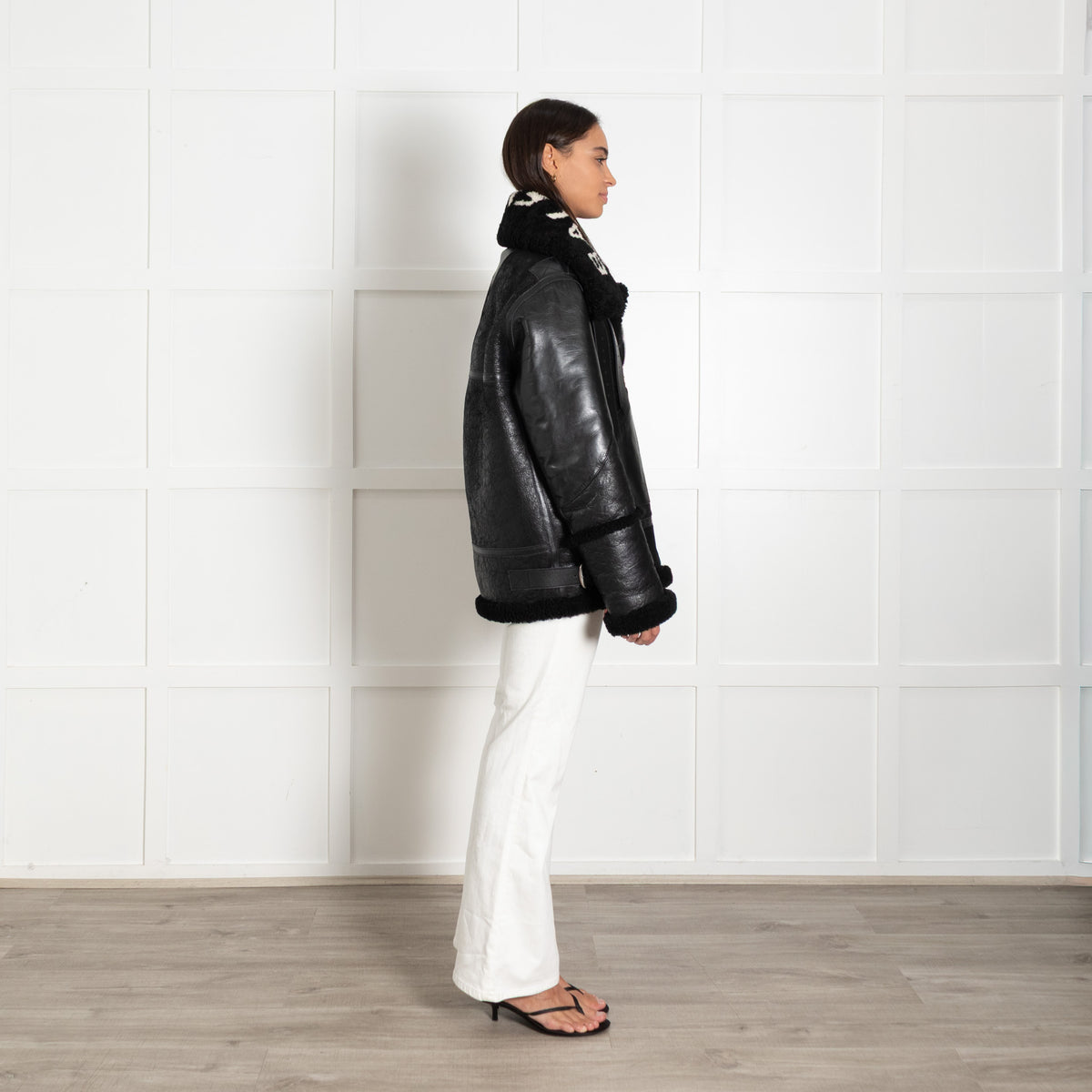 Balenciaga Black L'Bombardier Oversized Shearing Logo Collar Jacket
