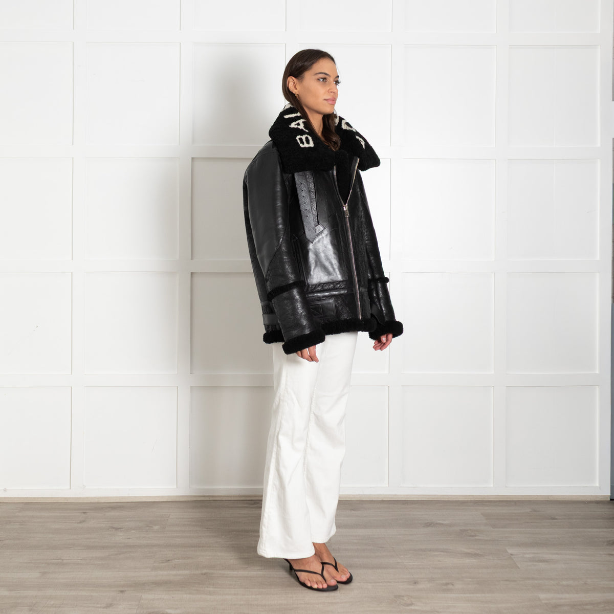 Balenciaga Black L'Bombardier Oversized Shearing Logo Collar Jacket