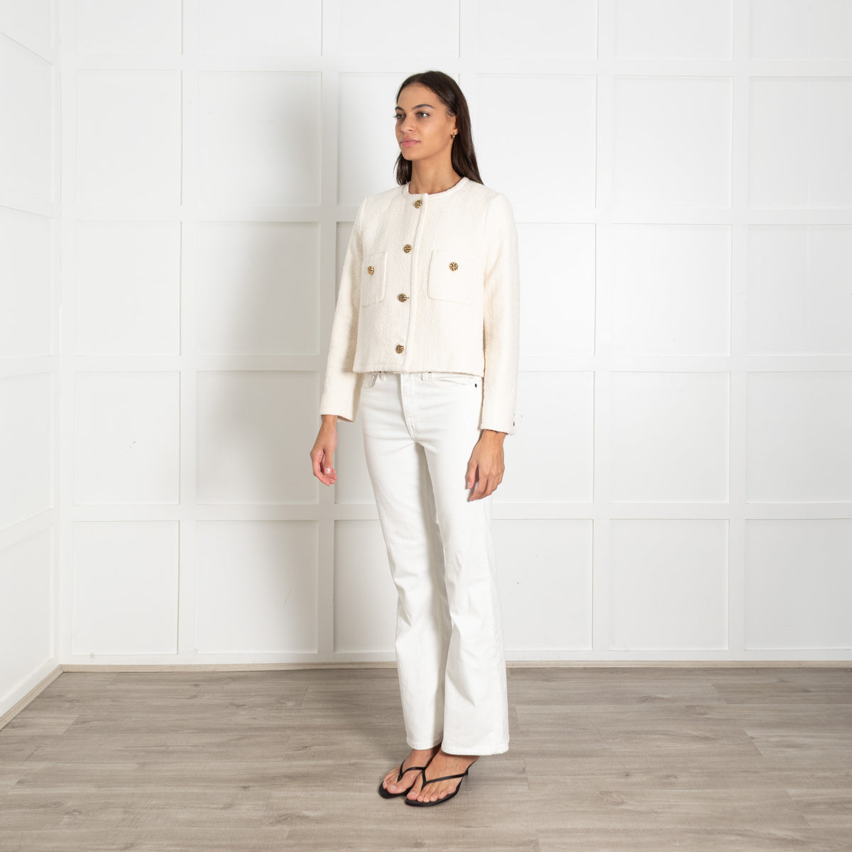 Ba&sh Cream Gold Button Tweedy Jacket