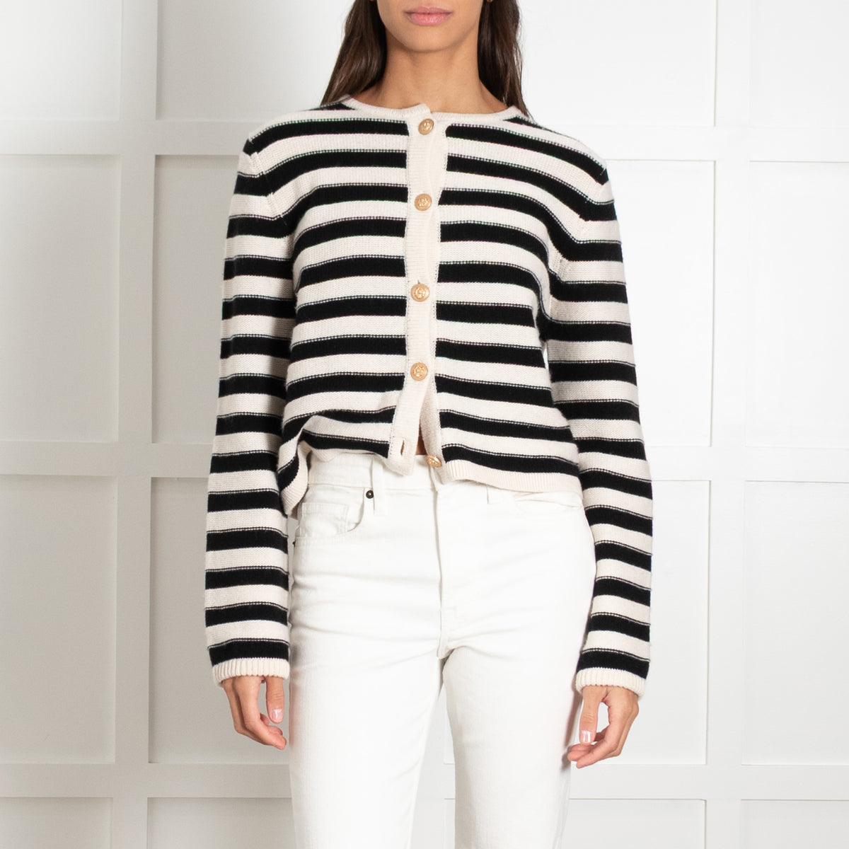 Allude Black Cream Stripe Cashmere Mix Short Cardigan with Gold Buttons