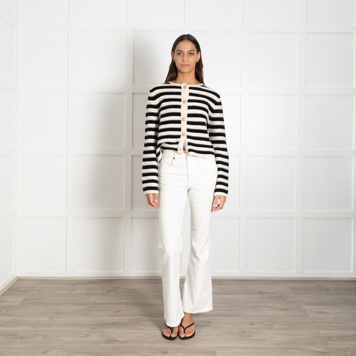 Allude Black Cream Stripe Cashmere Mix Short Cardigan with Gold Buttons