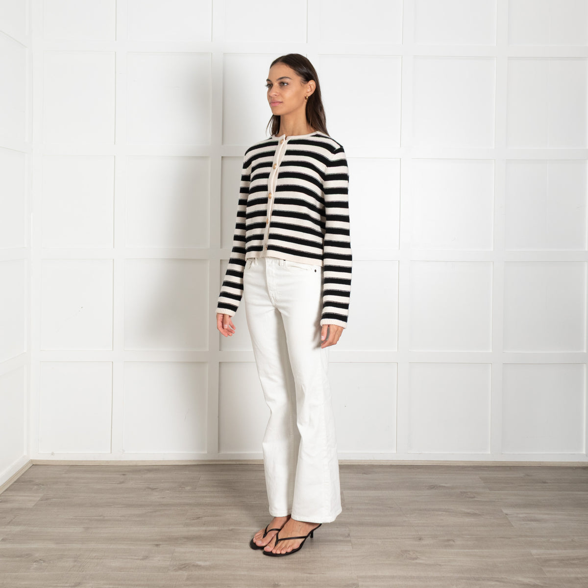 Allude Black Cream Stripe Cashmere Mix Short Cardigan with Gold Buttons