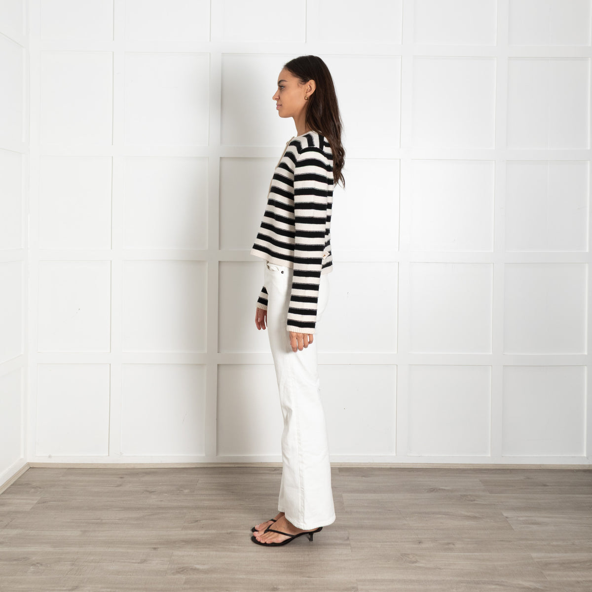 Allude Black Cream Stripe Cashmere Mix Short Cardigan with Gold Buttons