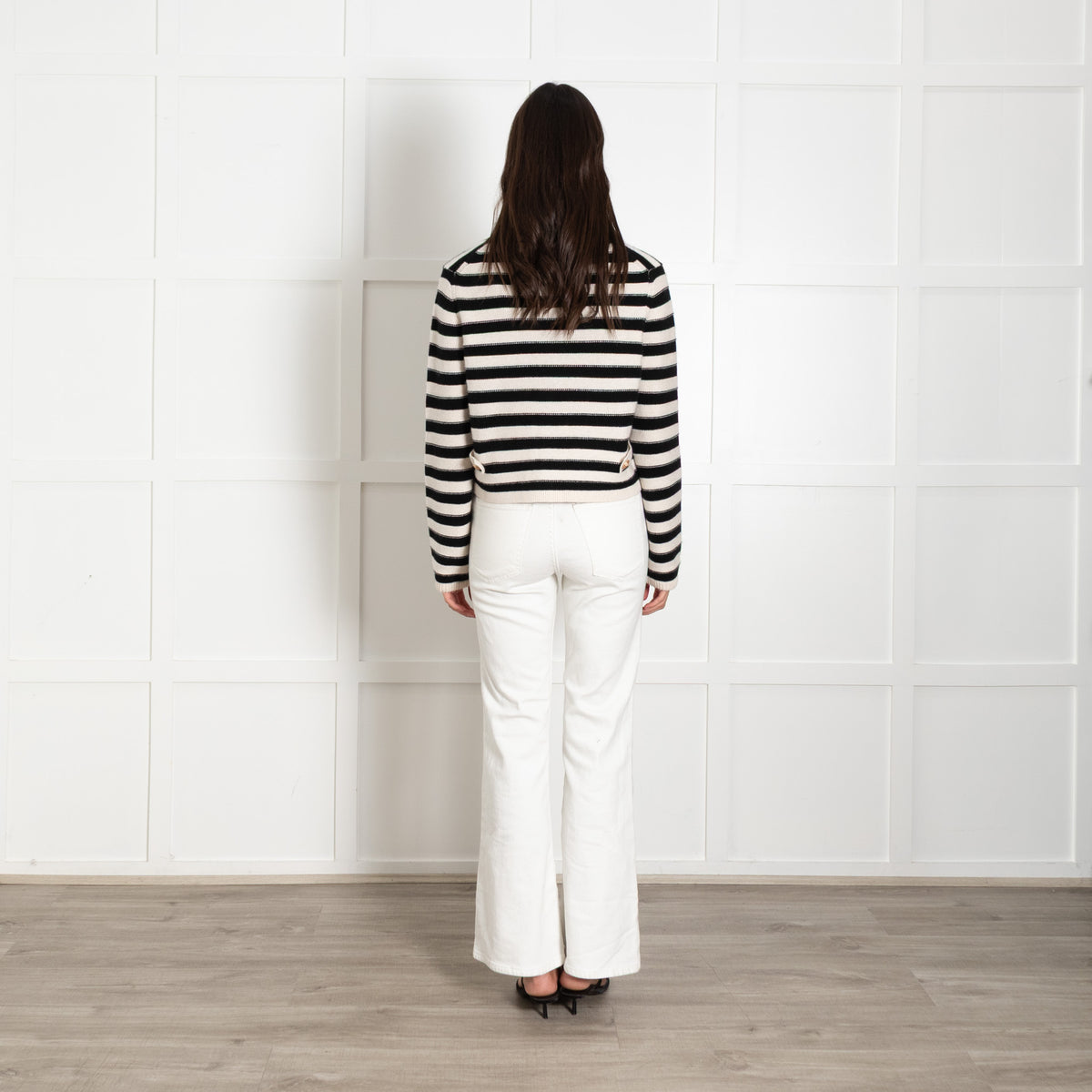 Allude Black Cream Stripe Cashmere Mix Short Cardigan with Gold Buttons