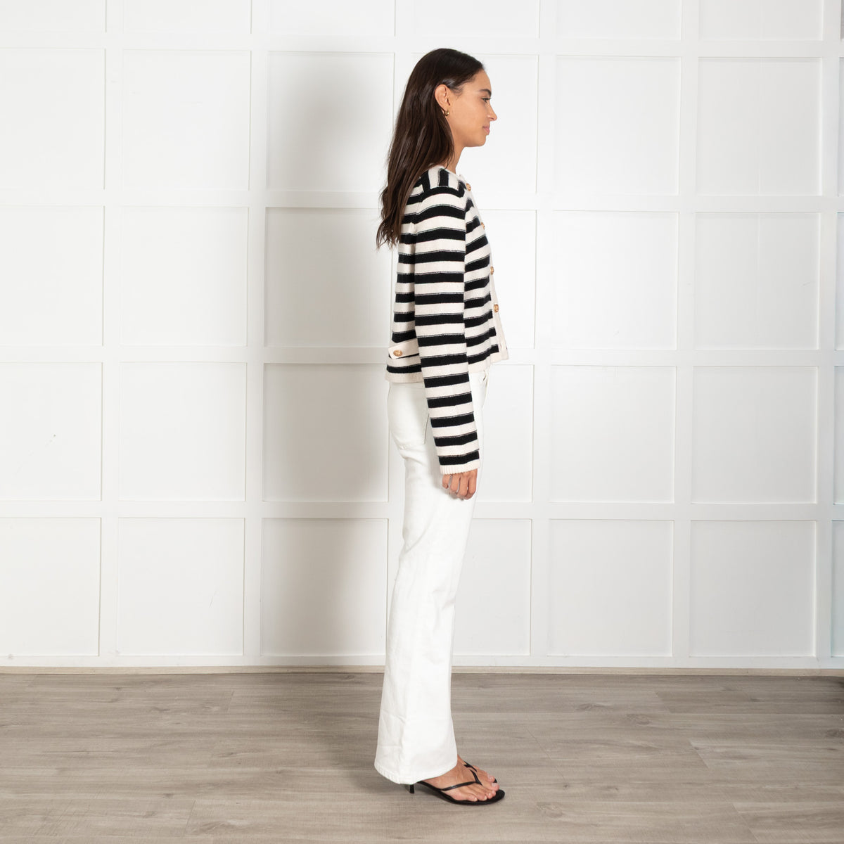 Allude Black Cream Stripe Cashmere Mix Short Cardigan with Gold Buttons