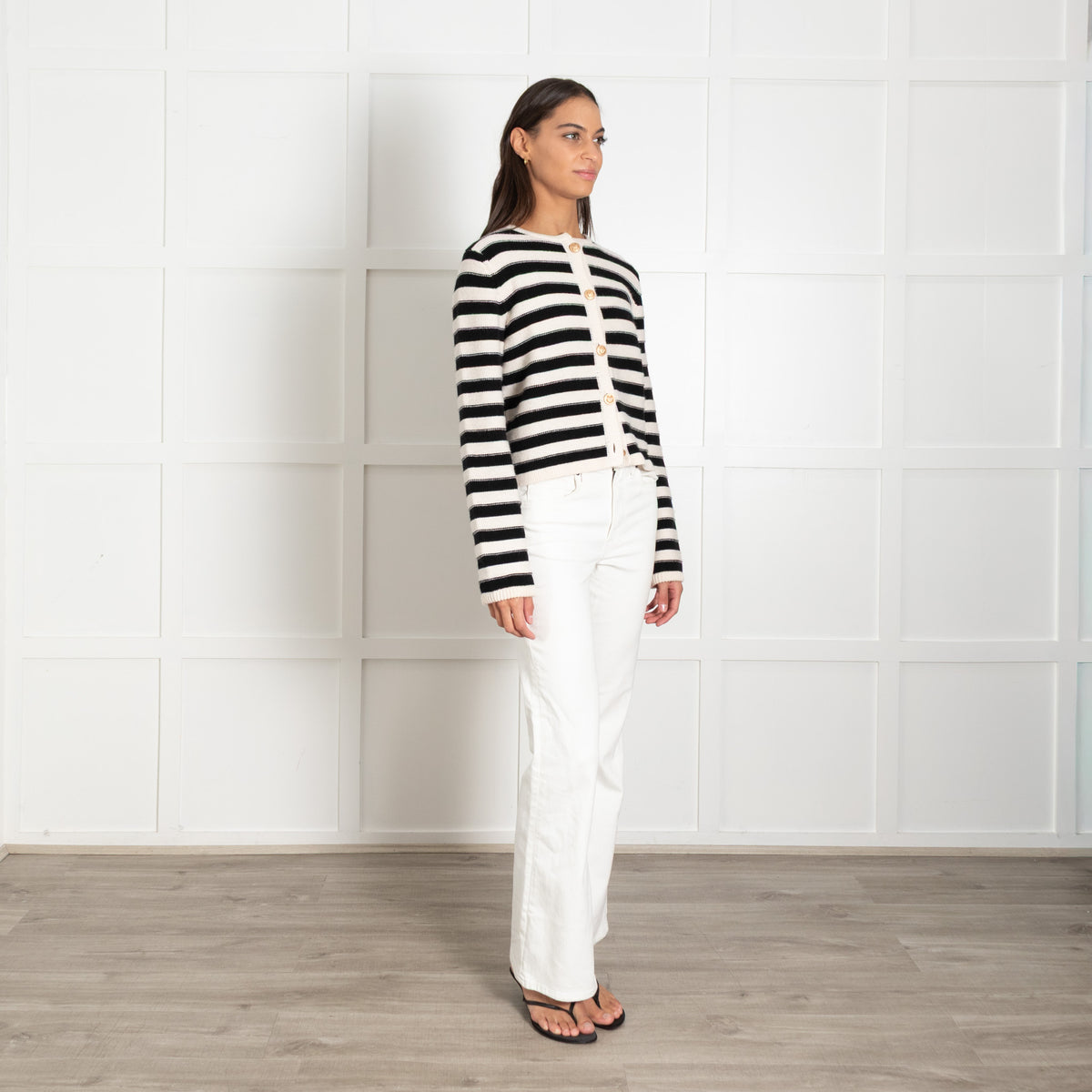 Allude Black Cream Stripe Cashmere Mix Short Cardigan with Gold Buttons