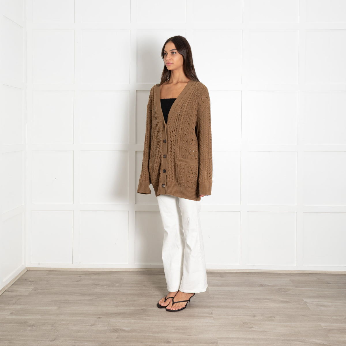 Chloe Green Cable Knit Pointelle Wool Cashmere Blend Cardigan