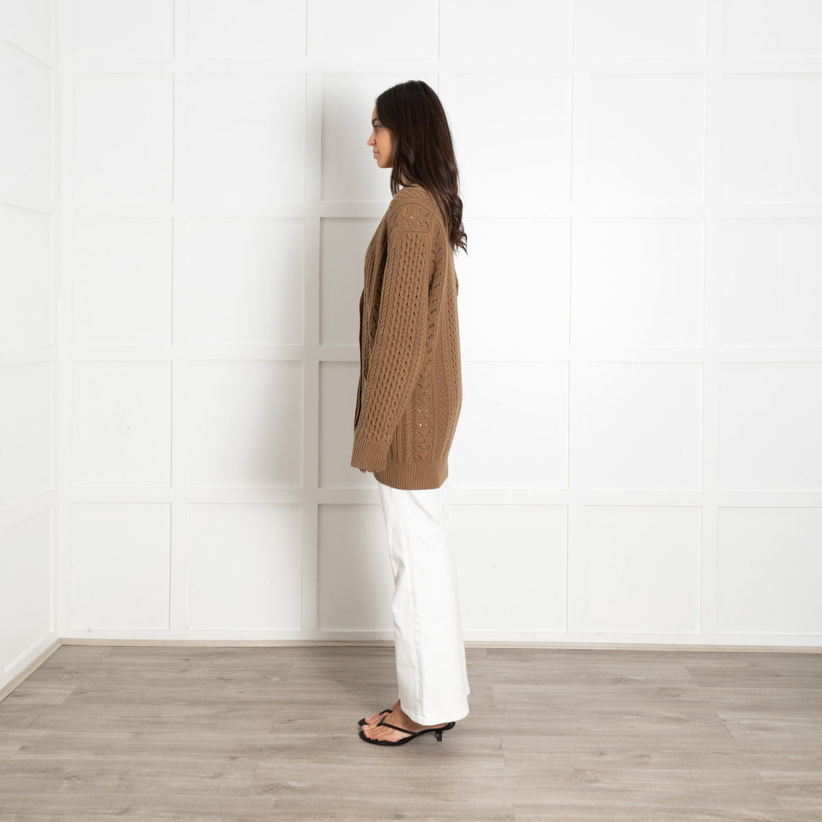 Chloe Green Cable Knit Pointelle Wool Cashmere Blend Cardigan