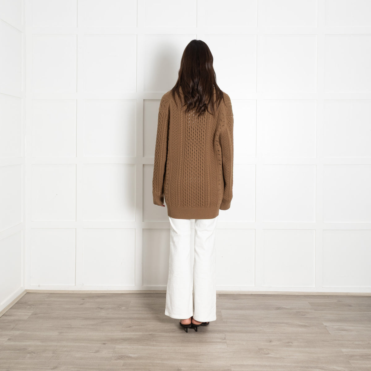 Chloe Green Cable Knit Pointelle Wool Cashmere Blend Cardigan