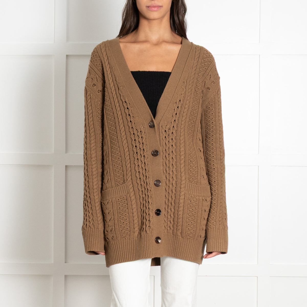 Chloe Green Cable Knit Pointelle Wool Cashmere Blend Cardigan