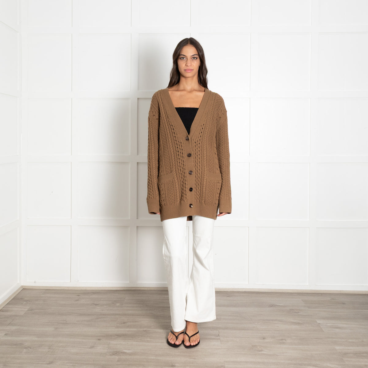 Chloe Green Cable Knit Pointelle Wool Cashmere Blend Cardigan