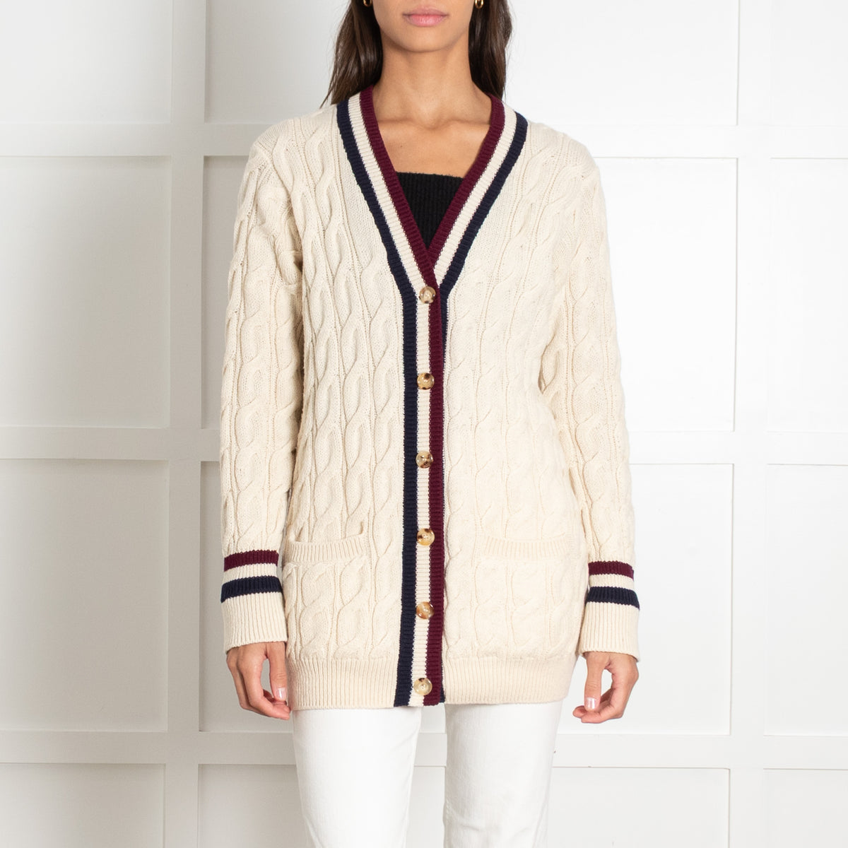 Celine Cream Wool Cable Knit Cardigan With Stripe Details