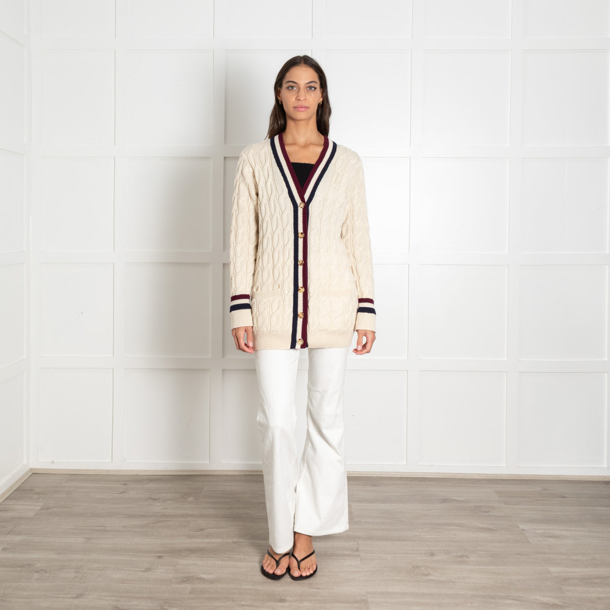 Celine Cream Wool Cable Knit Cardigan With Stripe Details