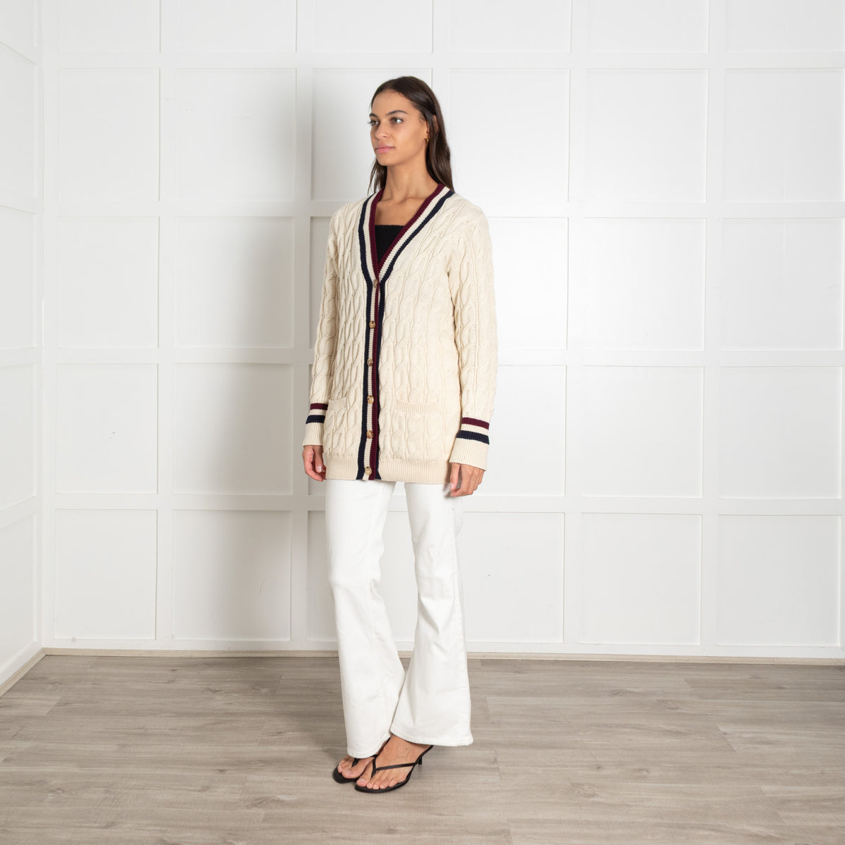 Celine Cream Wool Cable Knit Cardigan With Stripe Details
