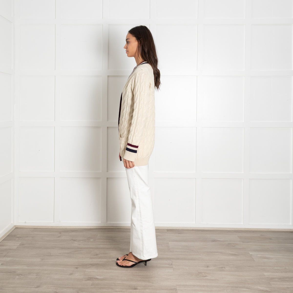Celine Cream Wool Cable Knit Cardigan With Stripe Details